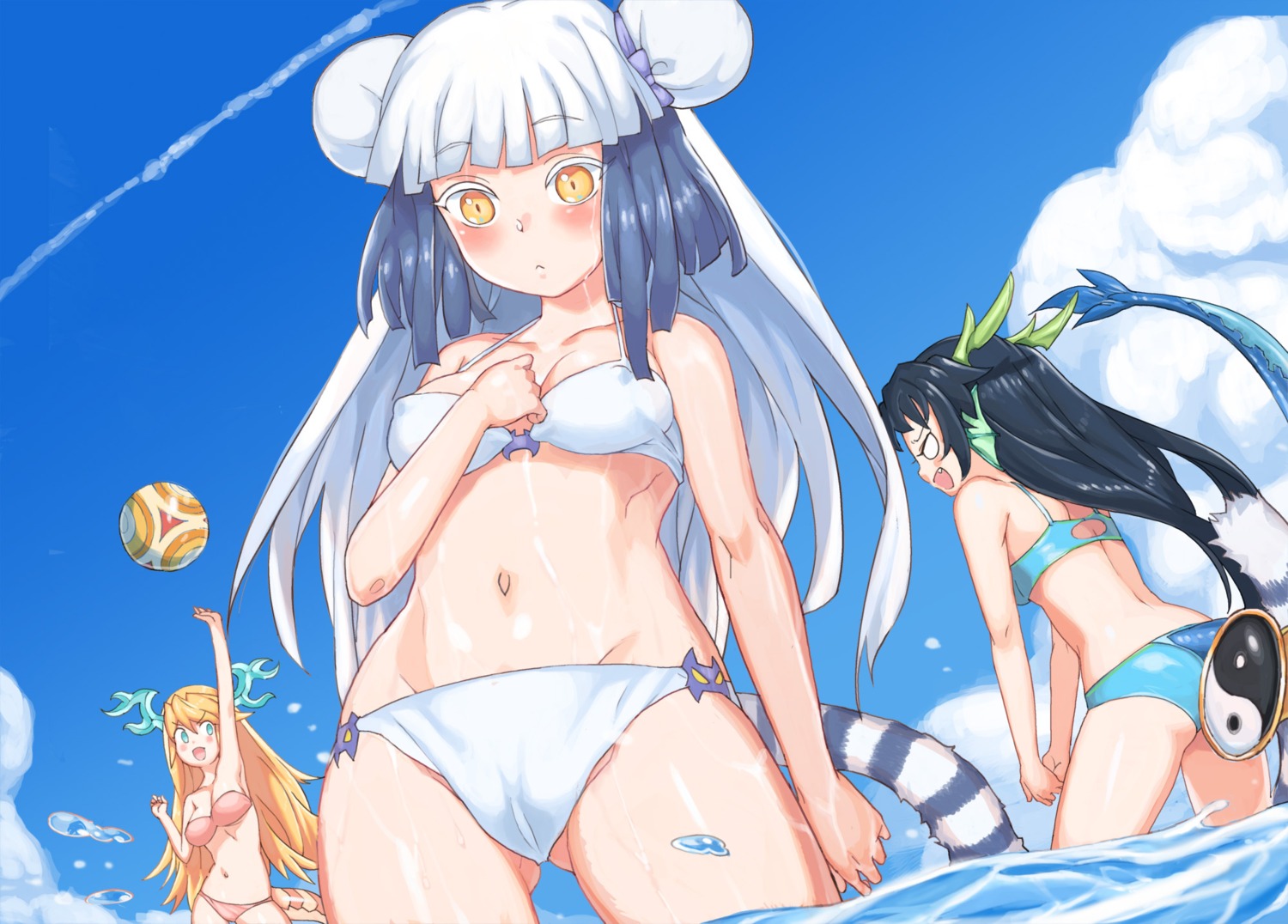 ass bikini cameltoe cleavage erect_nipples guardian_of_life_seiryuu_karin haku_(puzzle_&_dragons) henry_bird_9 horns puzzle_&_dragons sakuya_(puzzle_&_dragons) swimsuits tail wet