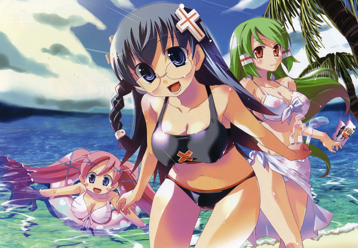 abe_maria akai_maho bikini cleavage doki_doki_majo_shinpan megane midoh_ayame swimsuits