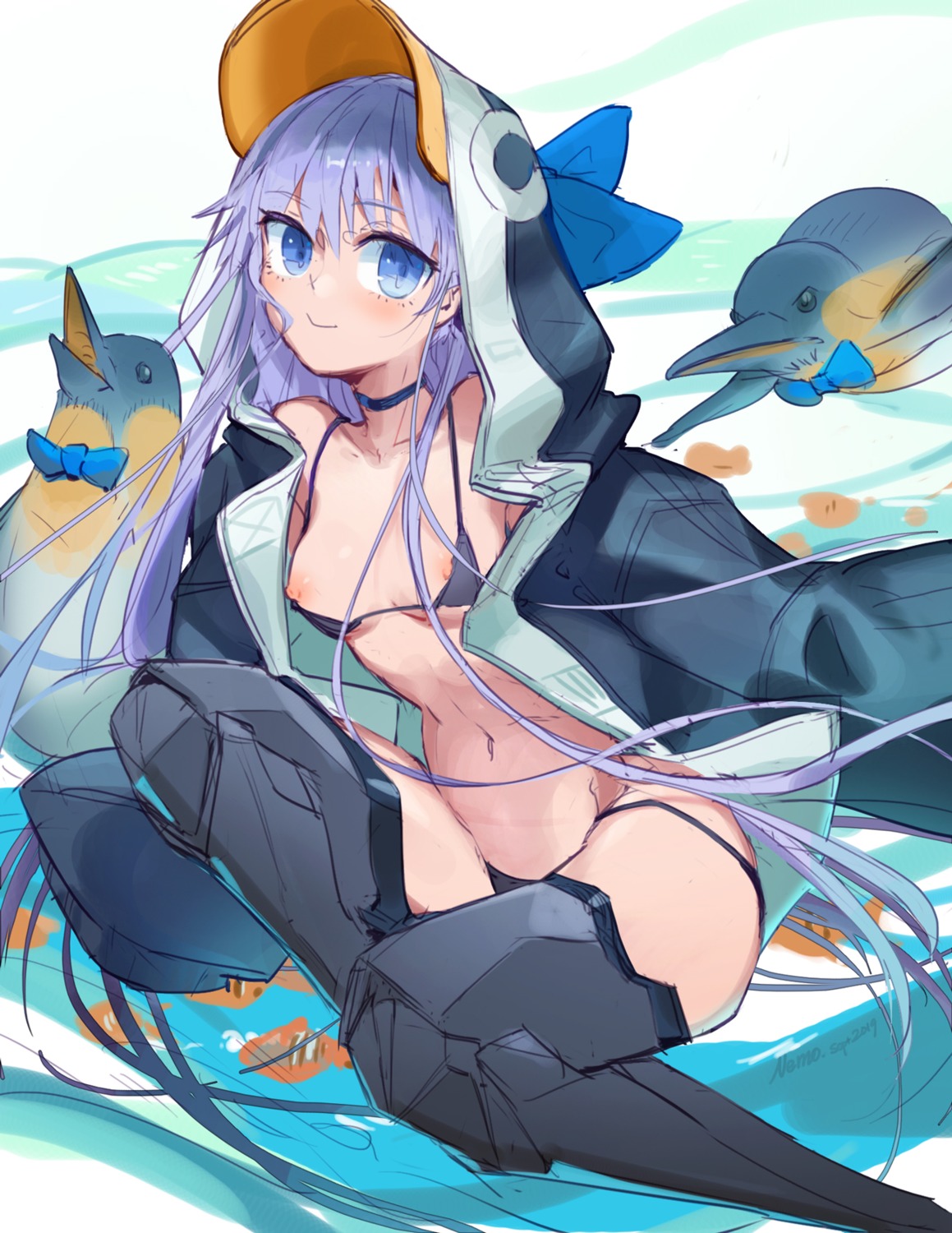 armor bikini fate/grand_order meltryllis nemo_(leafnight) nipples open_shirt panty_pull penguin sketch swimsuits thighhighs