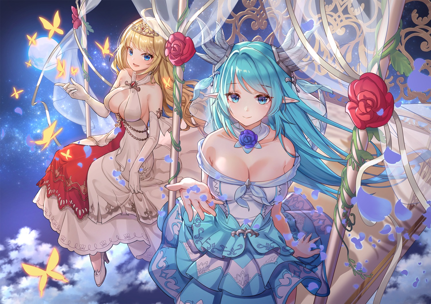 artemia_(king's_raid) chibi_vanille cleavage dress heels horns king's_raid laias_(king's_raid) no_bra pointy_ears