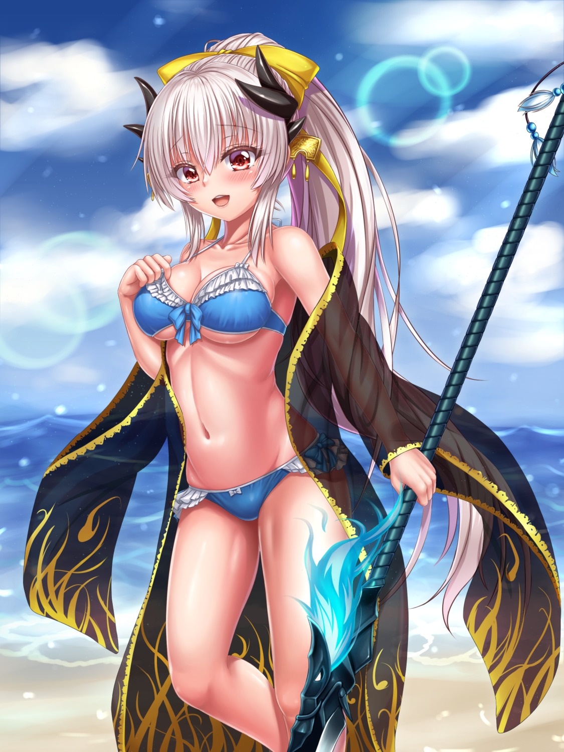bikini cleavage fate/grand_order horns kiyohime_(fate/grand_order) open_shirt see_through swimsuits tooru_(pixiv12953962) underboob weapon