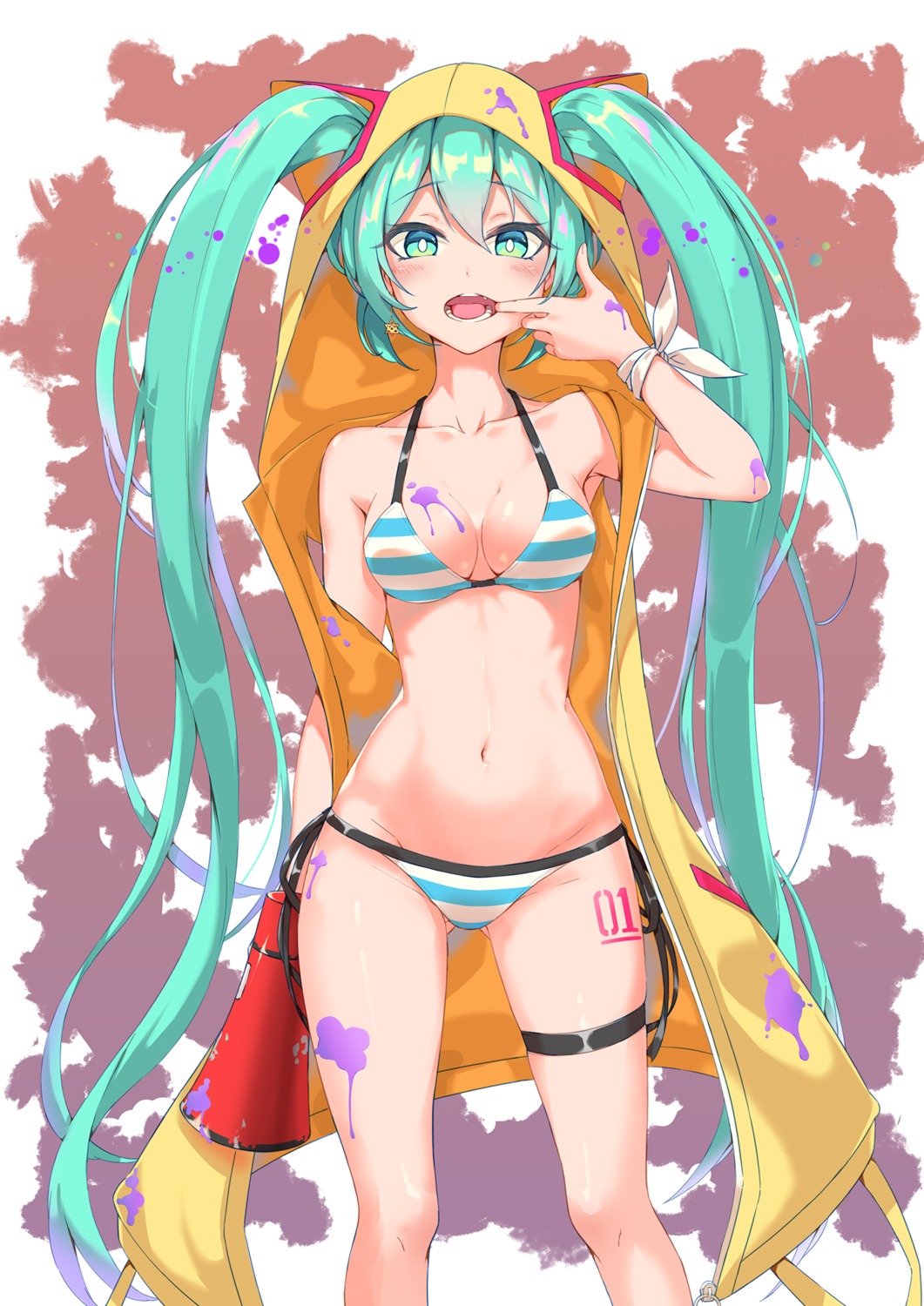 bikini cleavage garter hatsune_miku heartsix open_shirt swimsuits tattoo vocaloid