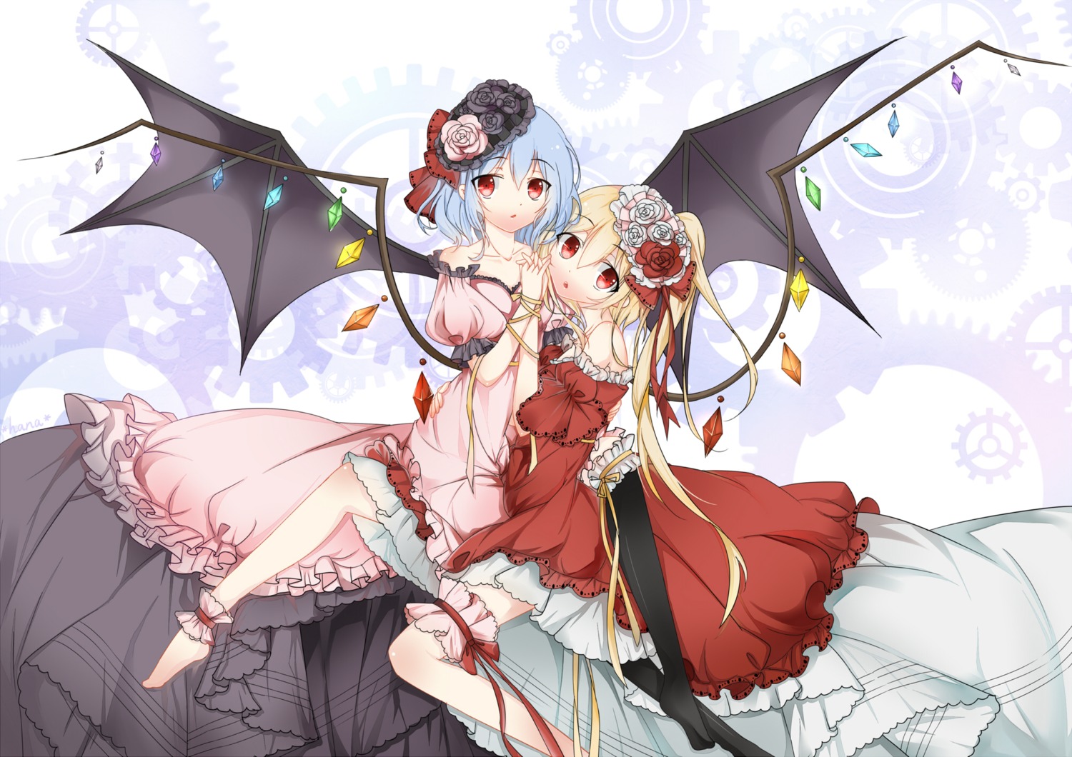 dress flandre_scarlet garter huayue remilia_scarlet touhou wings