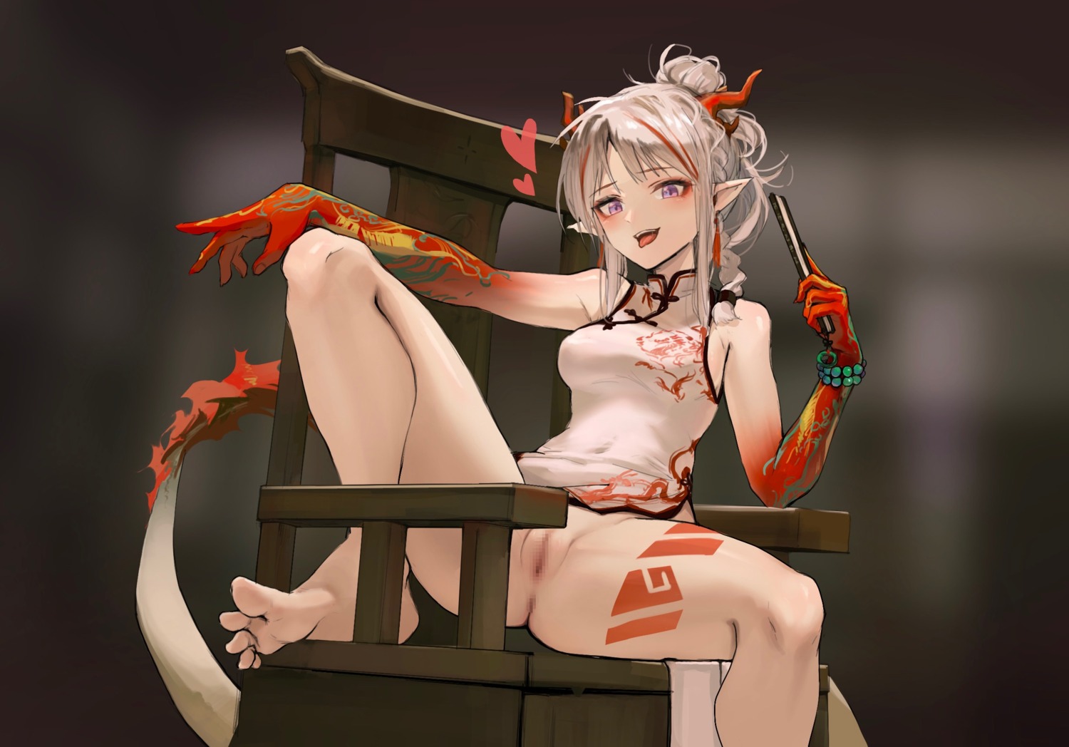 anus arknights censored chinadress feet horns mone_(user_aege8533) nian_(arknights) nopan pointy_ears pussy skirt_lift tail