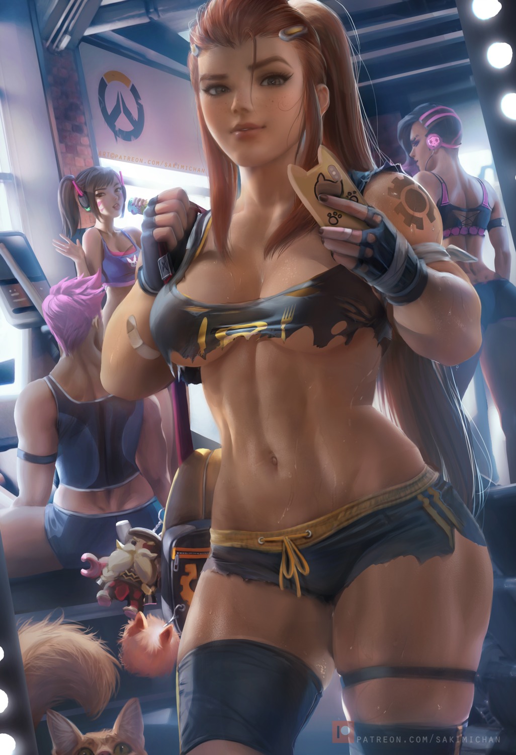 ass bandaid brigitte_(overwatch) cleavage d.va garter gym_uniform headphones official_watermark overwatch possible_duplicate sakimichan sombra tattoo torbjorn_(overwatch) torn_clothes underboob zarya