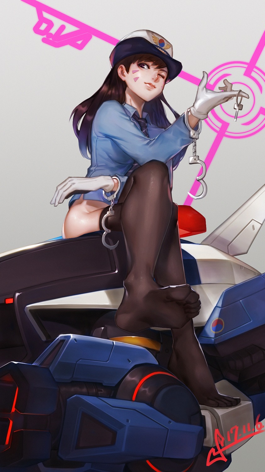 bottomless d.va feet overwatch police_uniform squidsmith thighhighs