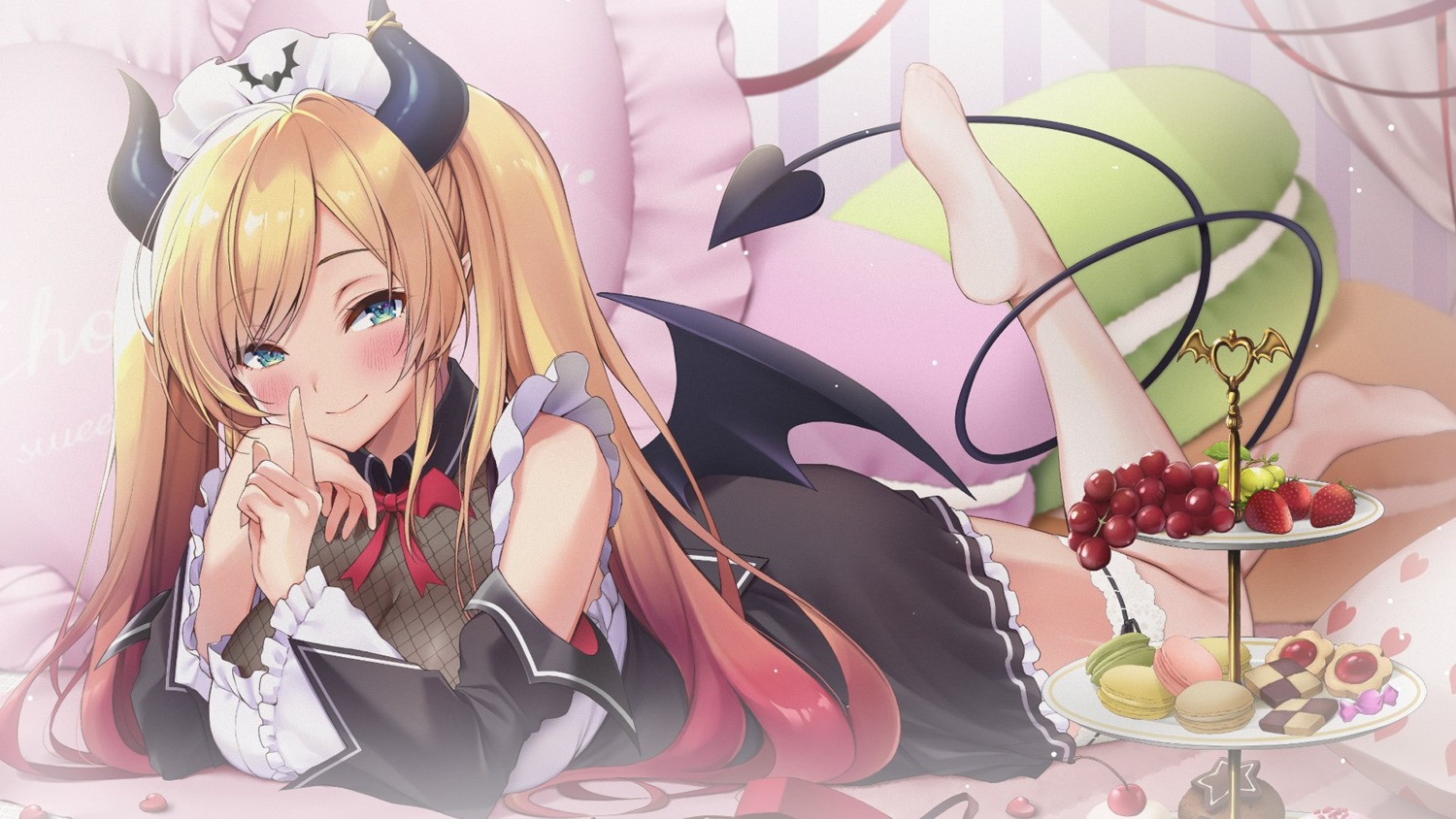 fishnets garter hololive horns maid makinan no_bra pointy_ears tail thighhighs wallpaper wings yuzuki_choco