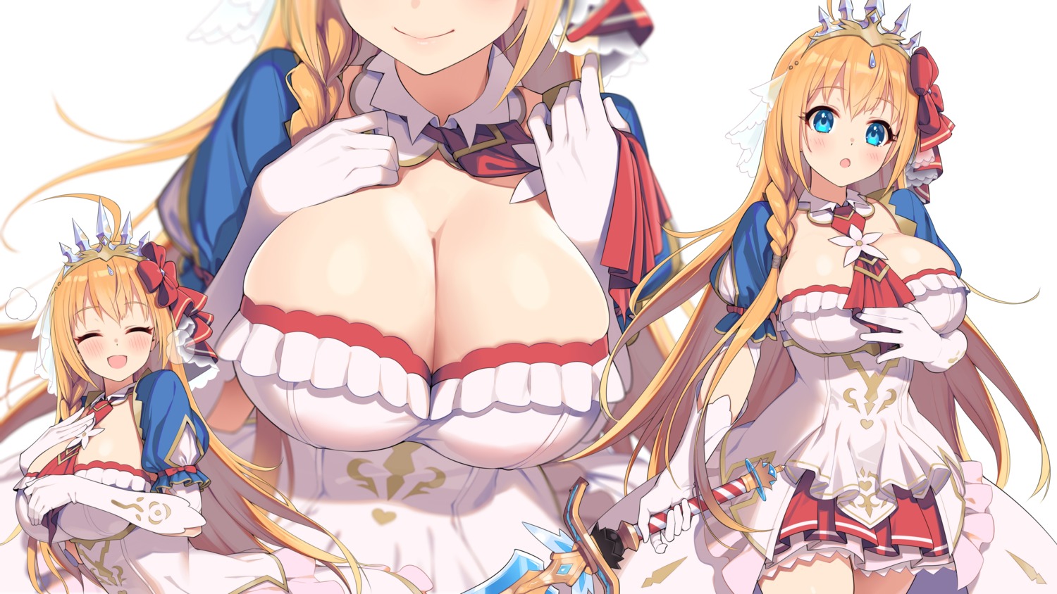 breast_hold cleavage dress lunch no_bra pecorine princess_connect princess_connect!_re:dive sword