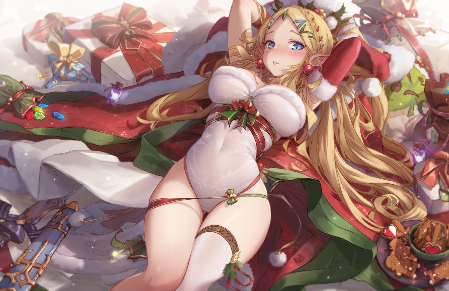 christmas leotard mitsu_(mitsu_art) no_bra pointy_ears princess_zelda sword the_legend_of_zelda thighhighs