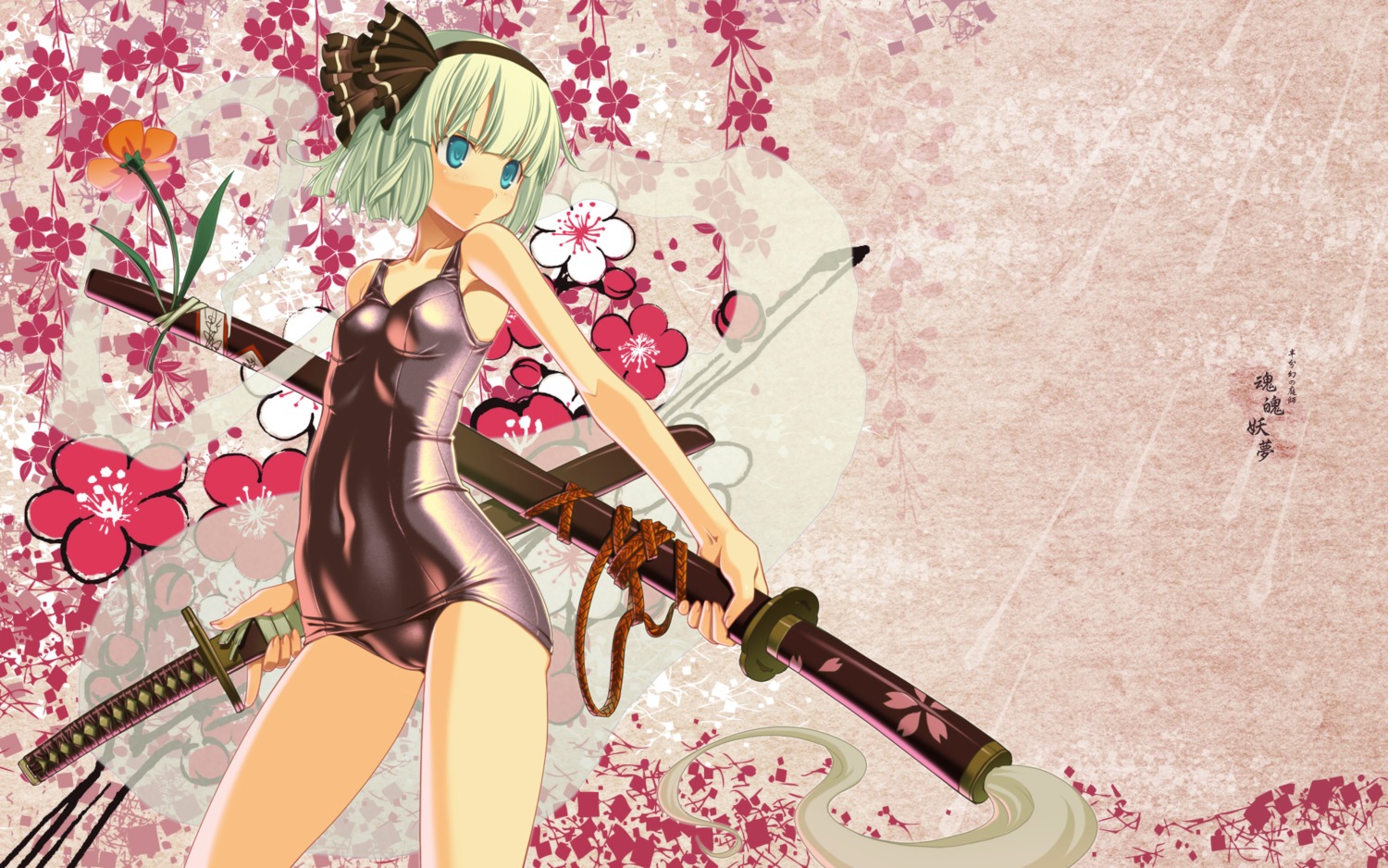 cameltoe hiiragi_ryou konpaku_youmu sakuya_tsuitachi school_swimsuit swimsuits sword touhou wallpaper