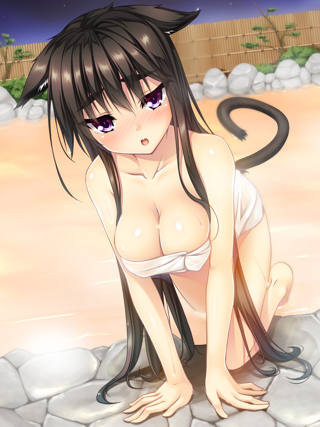 animal_ears bathing cleavage moeki_yuuta nekomimi onsen tail towel wet