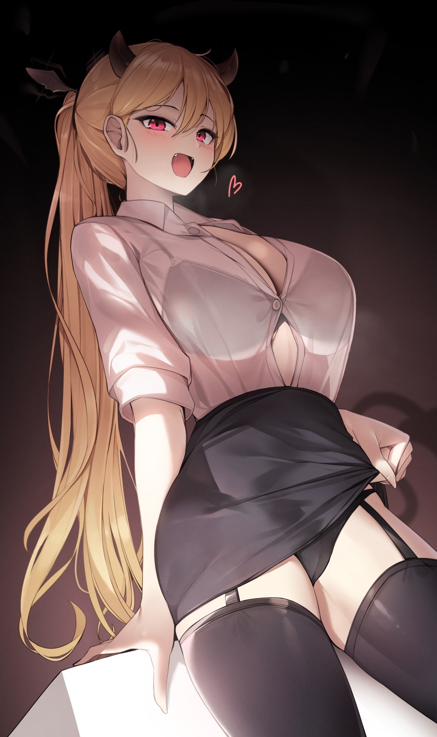 bra cameltoe ddangbi devil dress_shirt horns open_shirt pantsu see_through skirt_lift stockings tail thighhighs wings