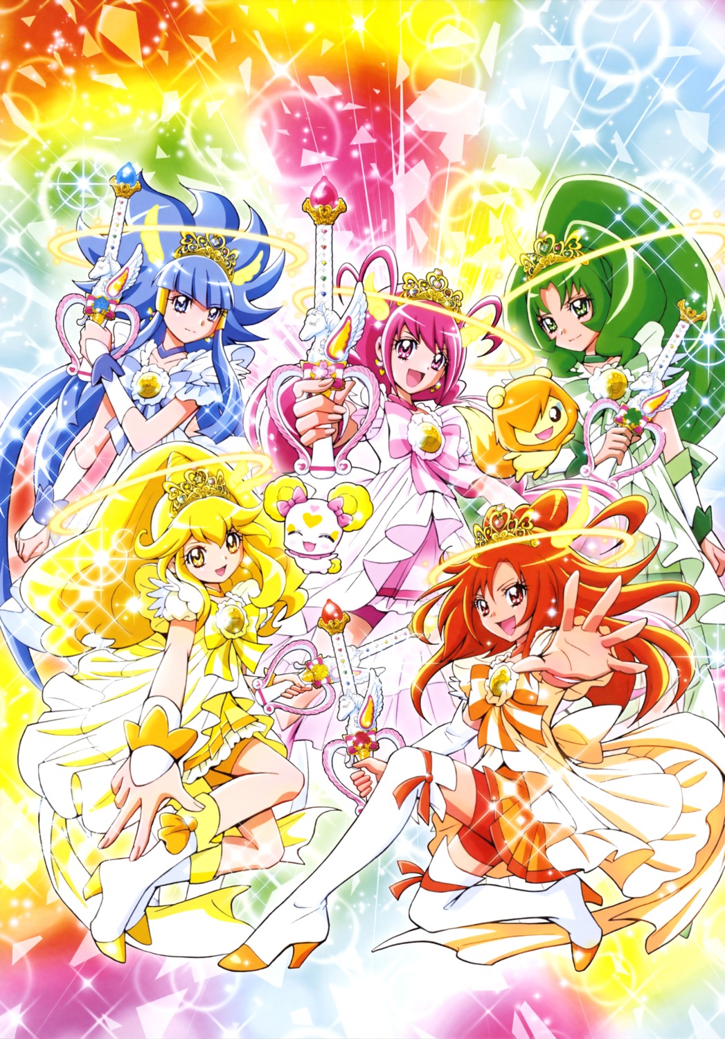 aoki_reika bike_shorts candy_(smile_precure) dress heels hino_akane hoshizora_miyuki kamikita_futago kise_yayoi midorikawa_nao pop_(precure) precure smile_precure! thighhighs weapon