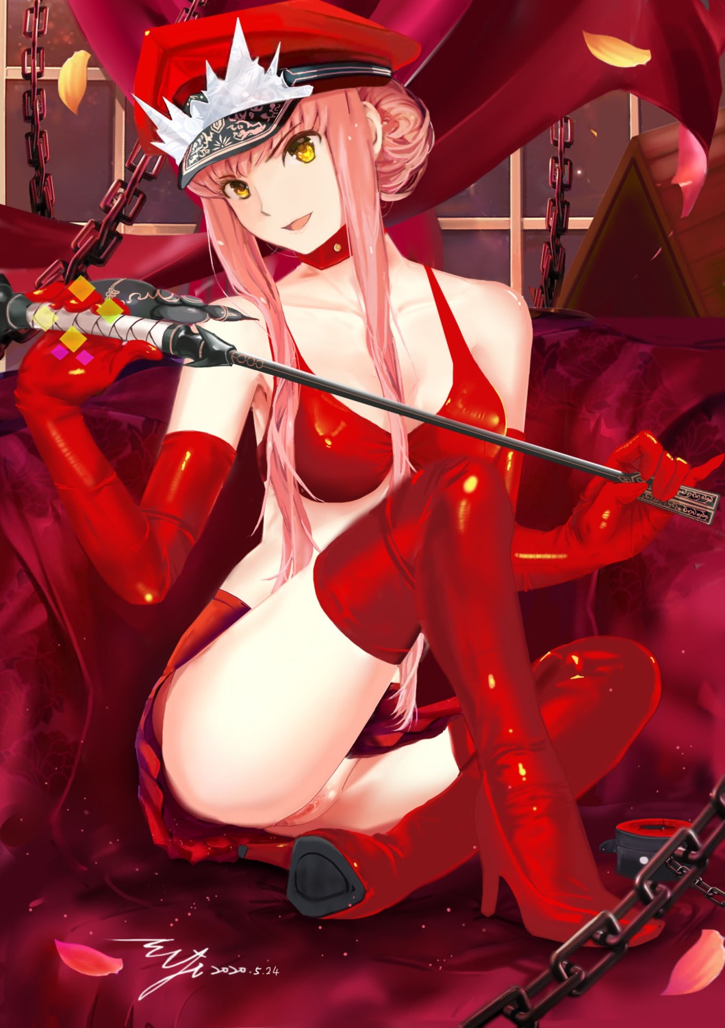 bra fate/grand_order heels medb_(fate/grand_order) nopan pussy skirt_lift thighhighs uncensored weapon yi_mata