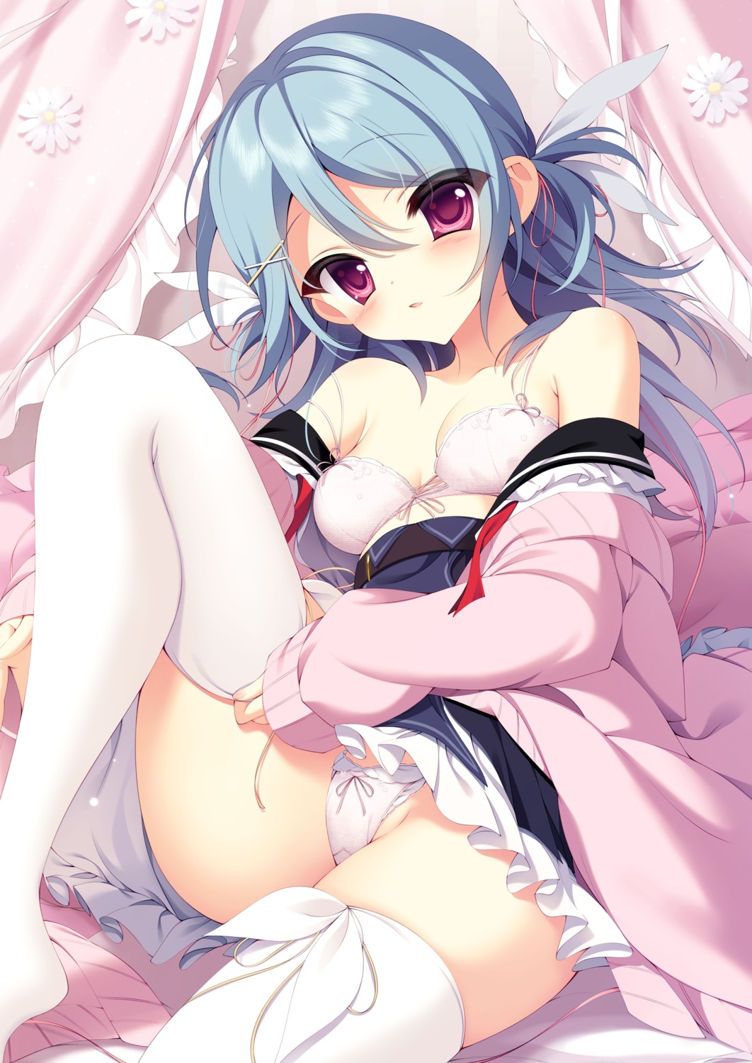 bra meikei_no_lupercalia open_shirt pantsu seifuku skirt_lift sushimekabu sweater thighhighs uguisukagura undressing