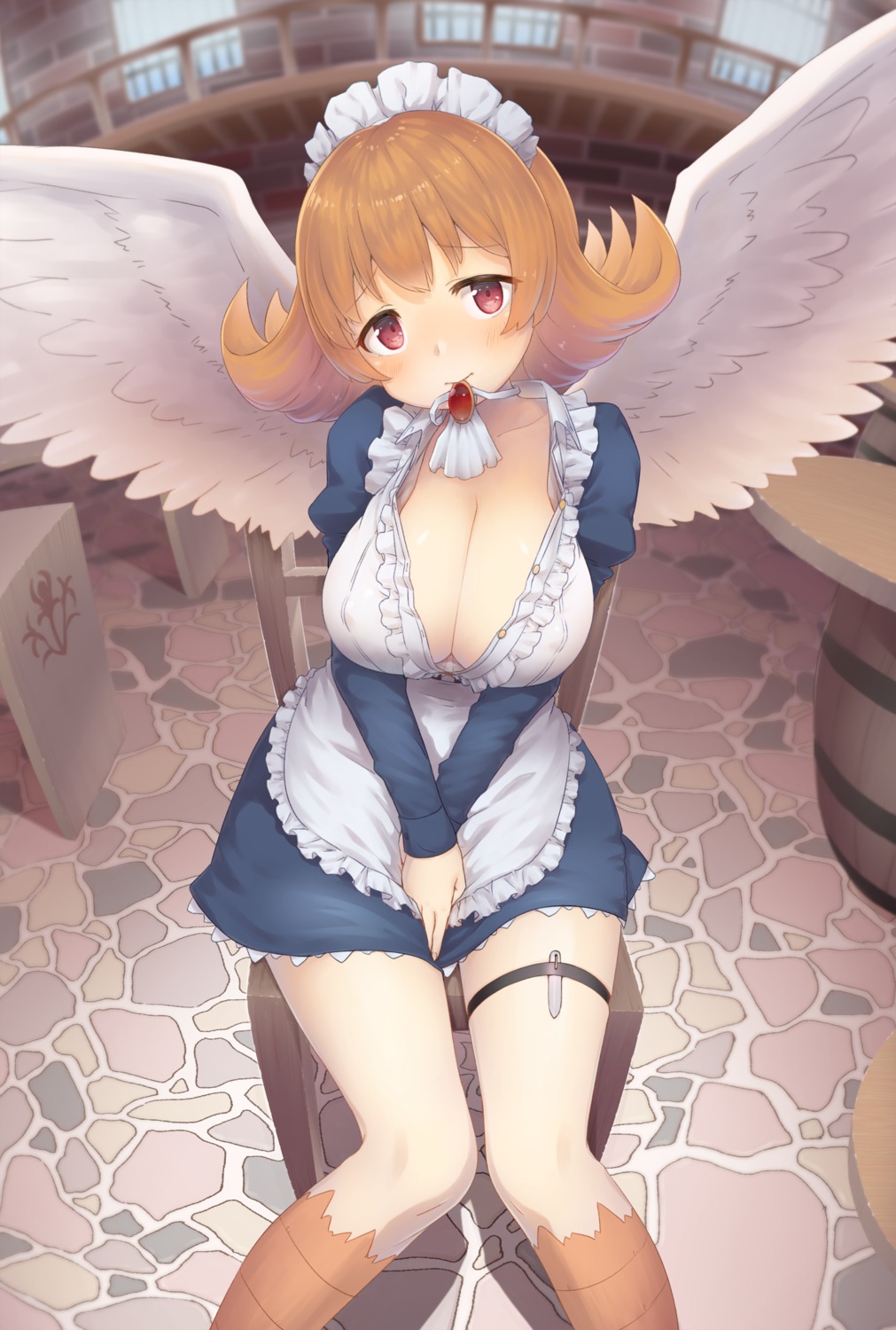 cleavage garter ishuzoku_reviewers maid meidri no_bra open_shirt urigarasu wings