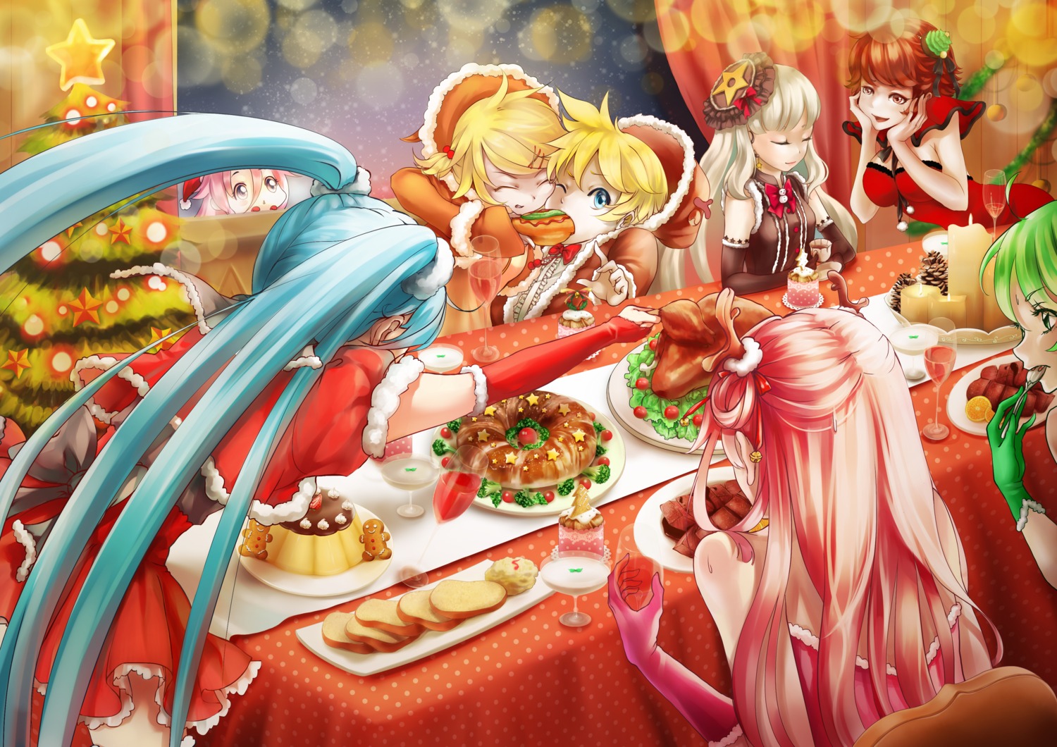 christmas cleavage dress gumi hatsune_miku horns kagamine_len kagamine_rin sunday_haruko vocaloid