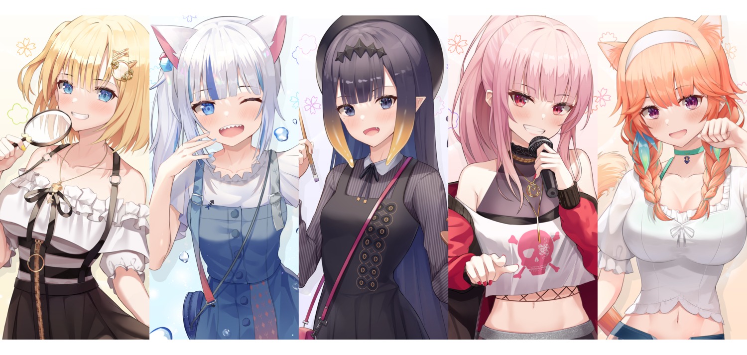 animal_ears cleavage dress gawr_gura hololive hololive_english mori_calliope nekomimi ninomae_ina'nis no_bra pointy_ears see_through shuvi_(shuvi1125) takanashi_kiara watson_amelia