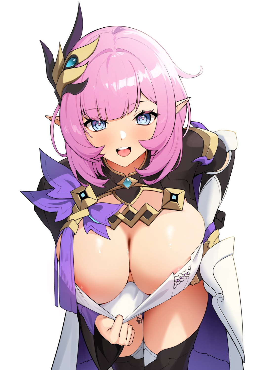 areola armor benghuai_xueyuan elysia_(honkai_impact) ett honkai_impact no_bra pointy_ears tattoo thighhighs undressing