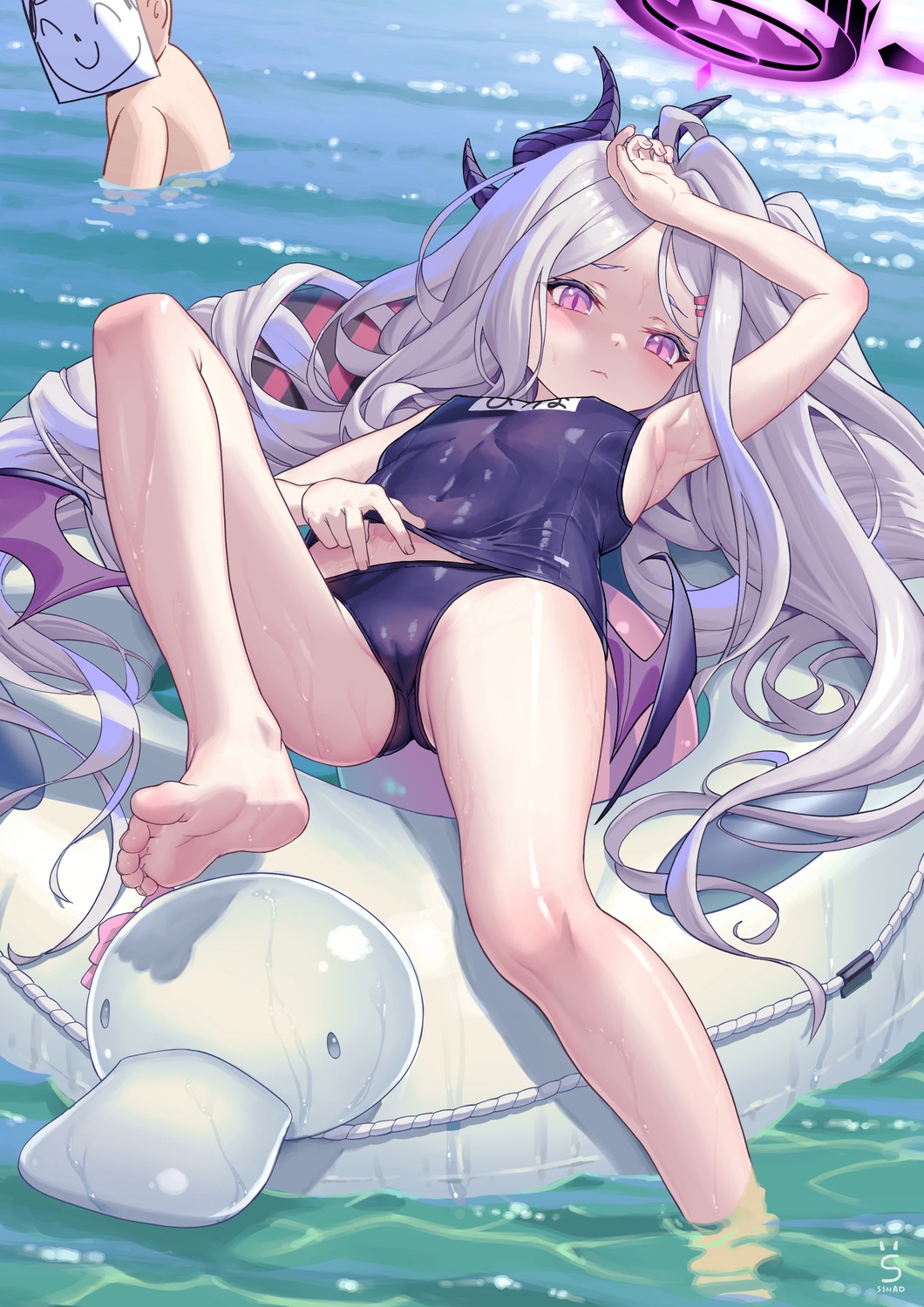 bathing blue_archive cameltoe devil erect_nipples feet halo horns loli school_swimsuit sinad_aruatjanapat sorasaki_hina swimsuits undressing wet wings