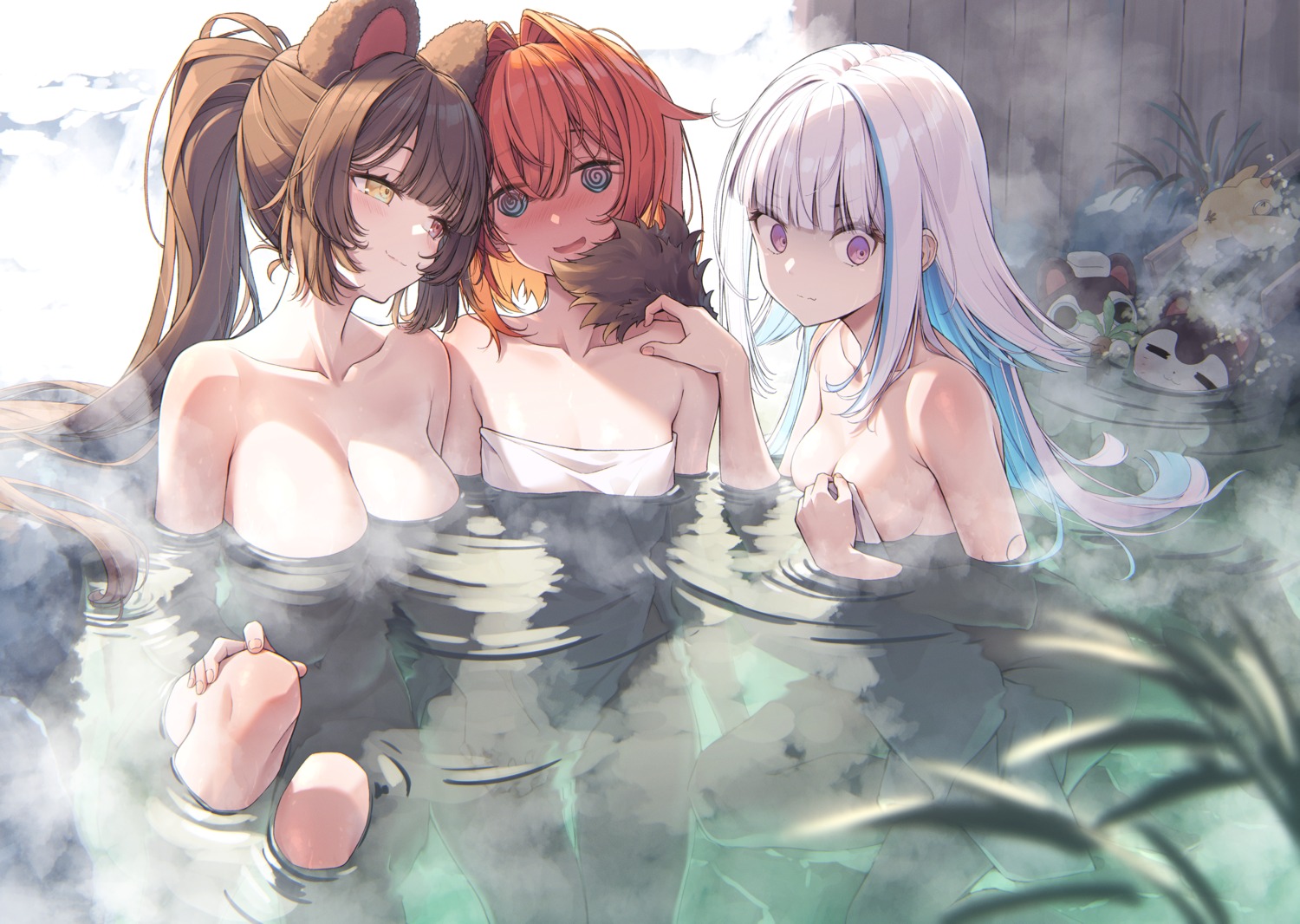 ange_katrina animal_ears bathing heterochromia inui_toko inumimi lize_helesta nablack naked nijisanji onsen towel wet