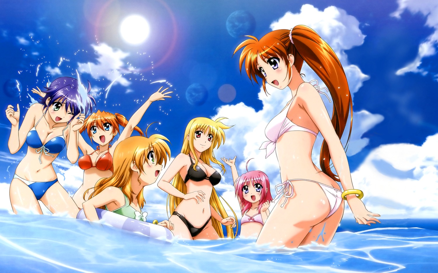 ass bikini caro_ru_lushe cleavage fate_testarossa mahou_shoujo_lyrical_nanoha mahou_shoujo_lyrical_nanoha_strikers photoshop screening subaru_nakajima swimsuits takamachi_nanoha teana_lanster vivio wallpaper wet