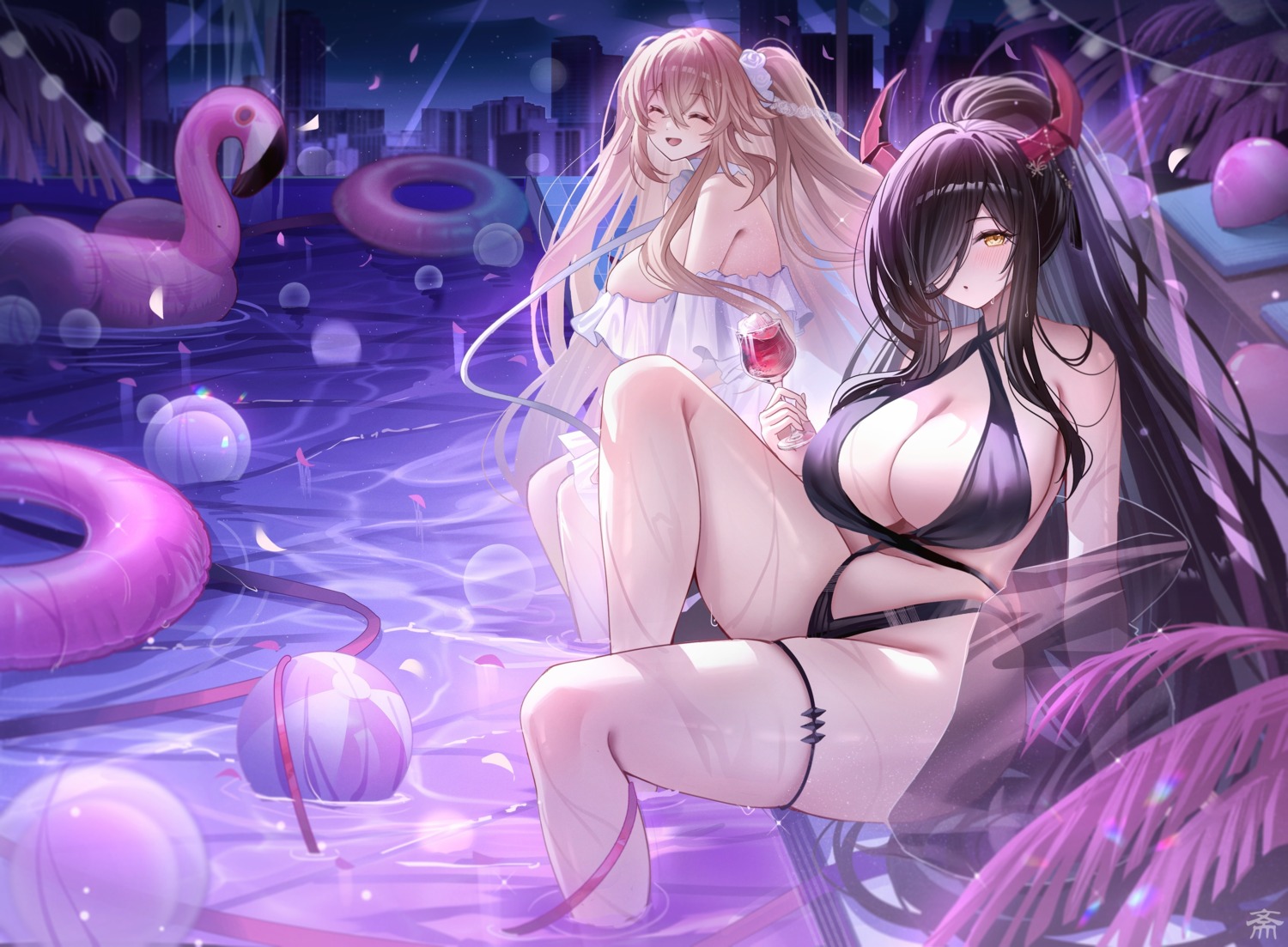 anchorage_(azur_lane) azur_lane bikini friedrich_der_grosse_(azur_lane) garter horns swimsuits tansuan_(ensj3875) wet