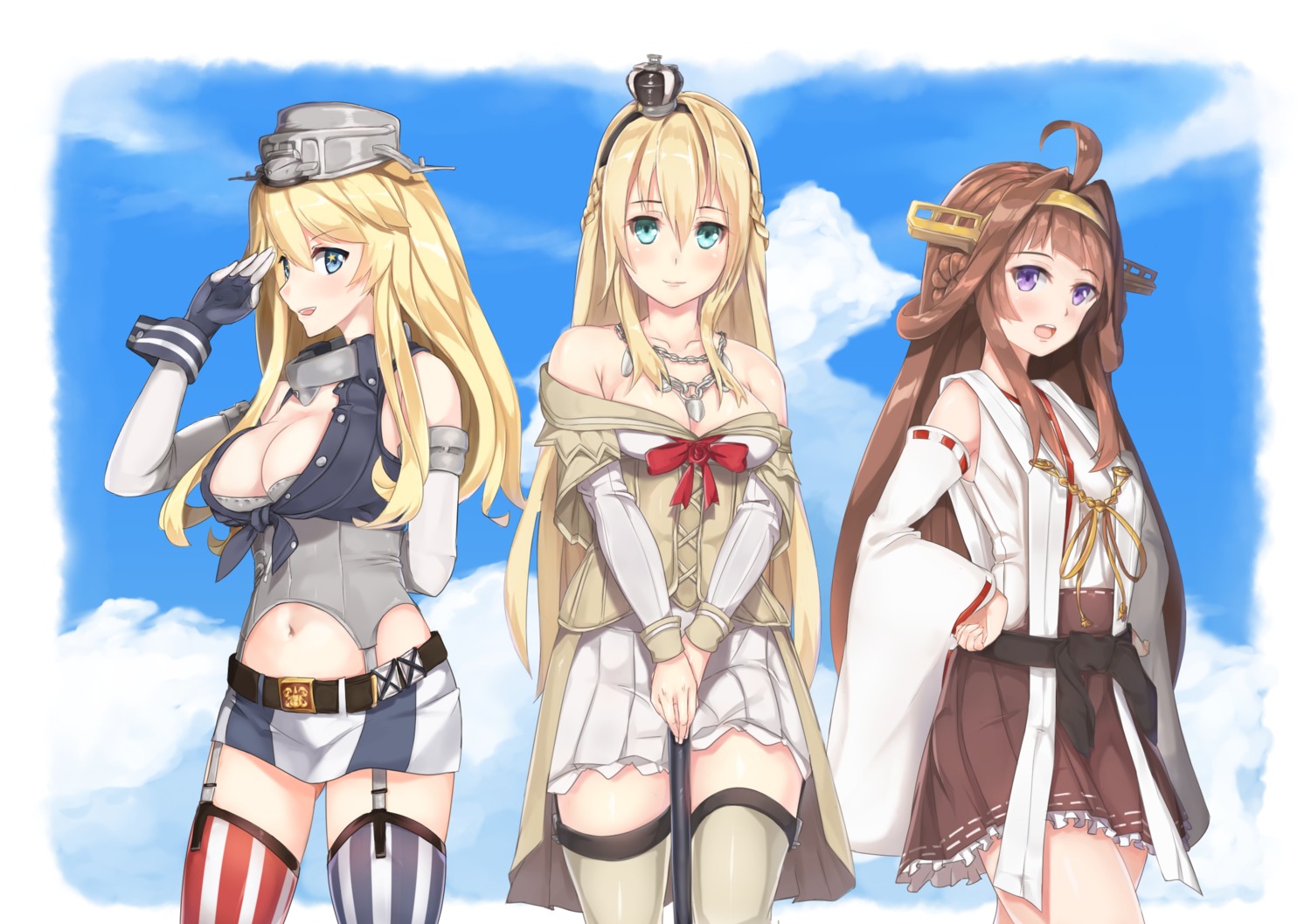 cleavage iowa_(kancolle) kantai_collection kongou_(kancolle) ryouya stockings thighhighs warspite_(kancolle)