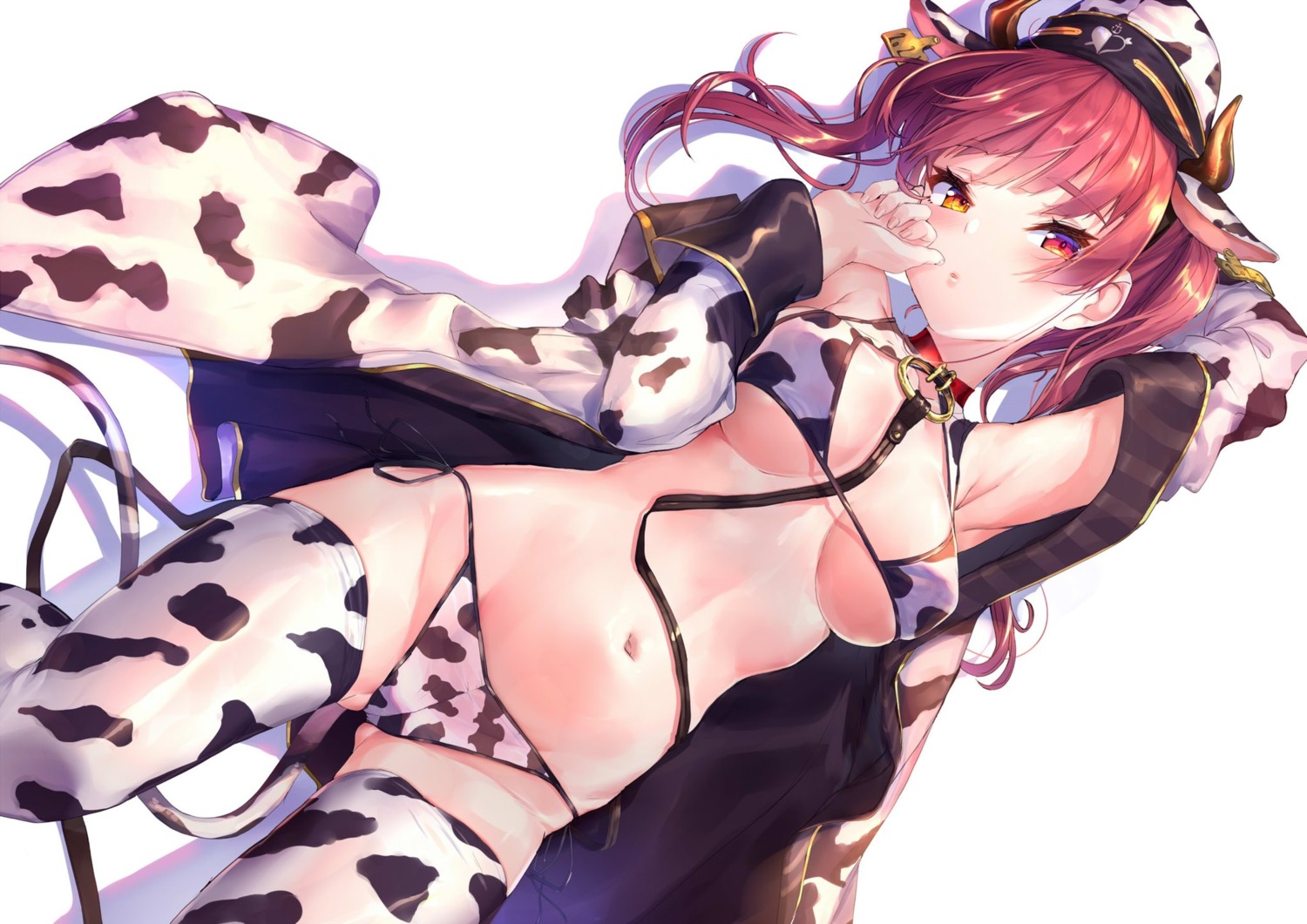 akasa_ai animal_ears bikini cameltoe erect_nipples heterochromia hololive horns houshou_marine open_shirt swimsuits thighhighs