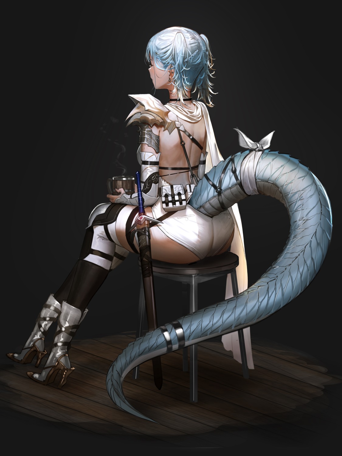 armor ganet_p garter heels monster_girl no_bra sword tail thighhighs