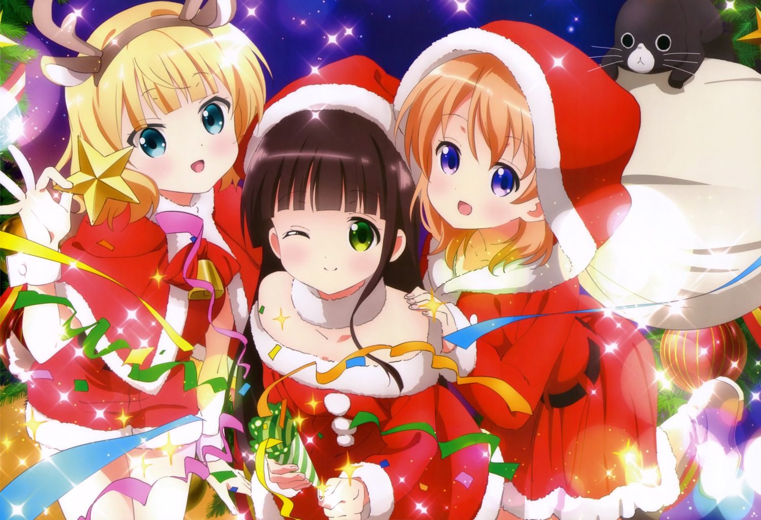 animal_ears anko_(gochiusa) christmas dress gochuumon_wa_usagi_desu_ka? horns hoto_cocoa kirima_sharo ujimatsu_chiya