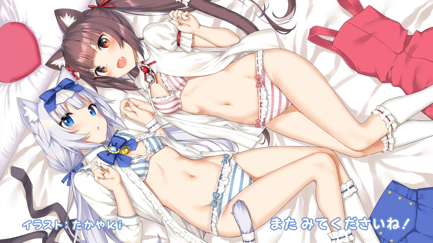 animal_ears bra chocola cleavage endcard nekomimi nekopara open_shirt pantsu shimapan tail takayaki vanilla