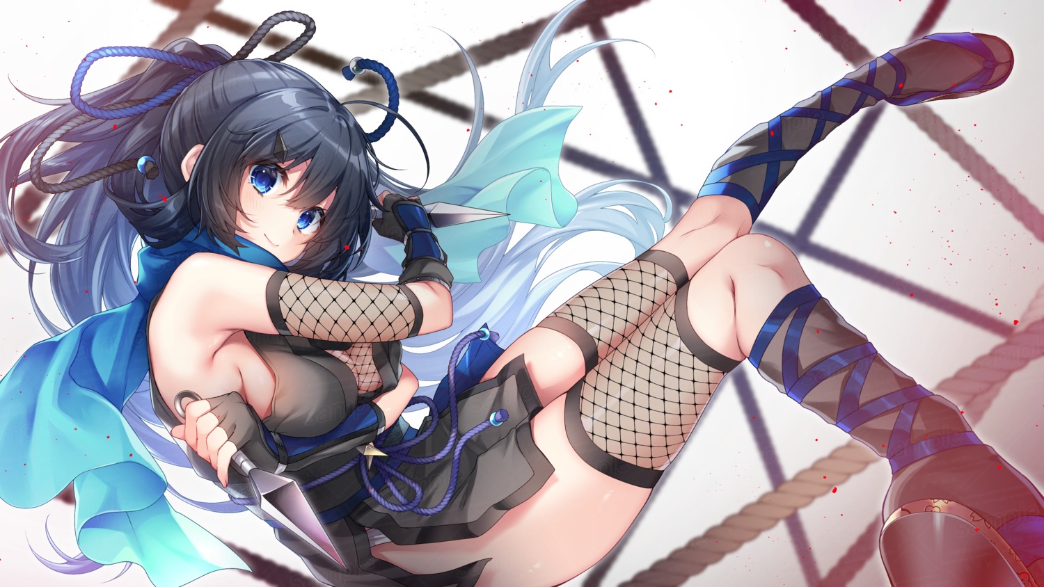 amatsuji fishnets ninja no_bra sample wallpaper watermark weapon