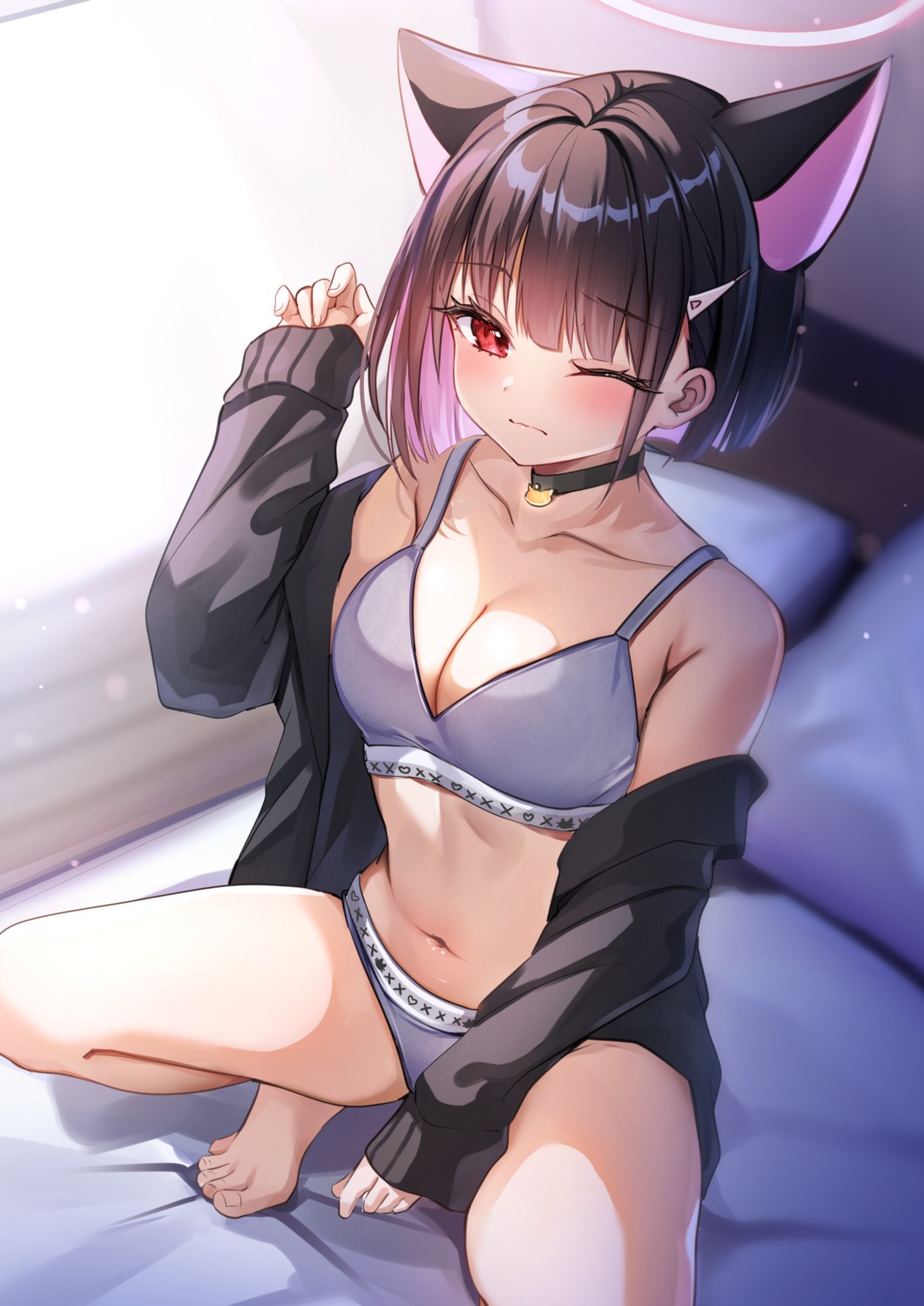 animal_ears blue_archive bra halo katsushika_pachi kyouyama_kazusa nekomimi open_shirt pantsu