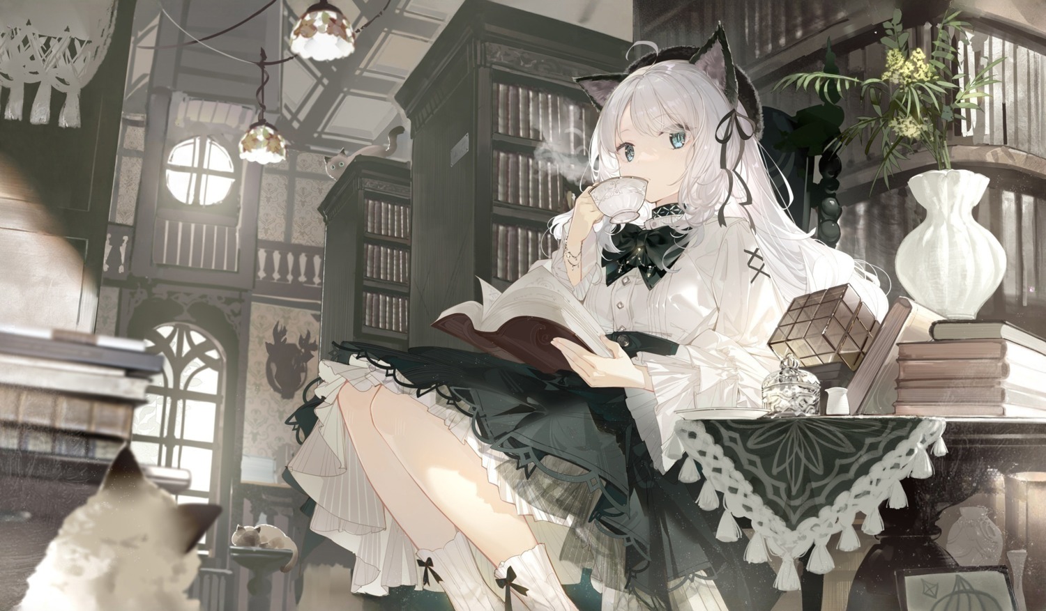 animal_ears arknights detexted gothic_lolita lf lolita_fashion mint_(arknights) neko nekomimi photoshop skirt_lift