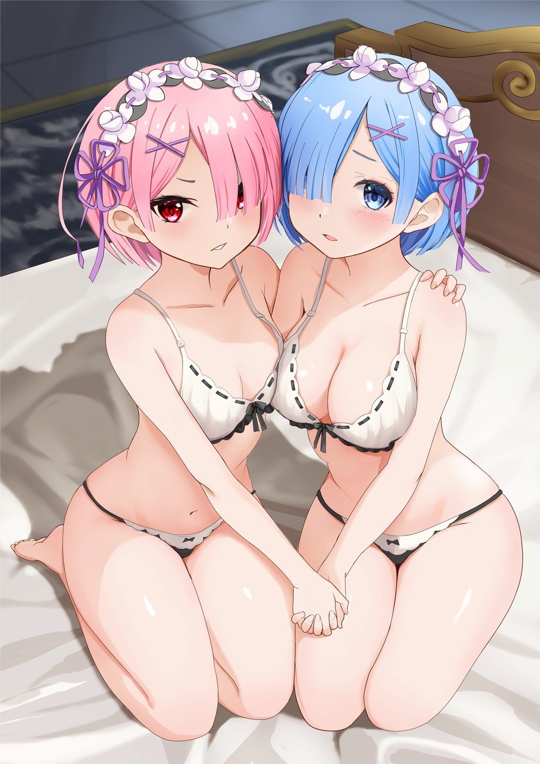 bra gibun_(sozoshu) pantsu ram_(re_zero) re_zero_kara_hajimeru_isekai_seikatsu rem_(re_zero) symmetrical_docking yuri