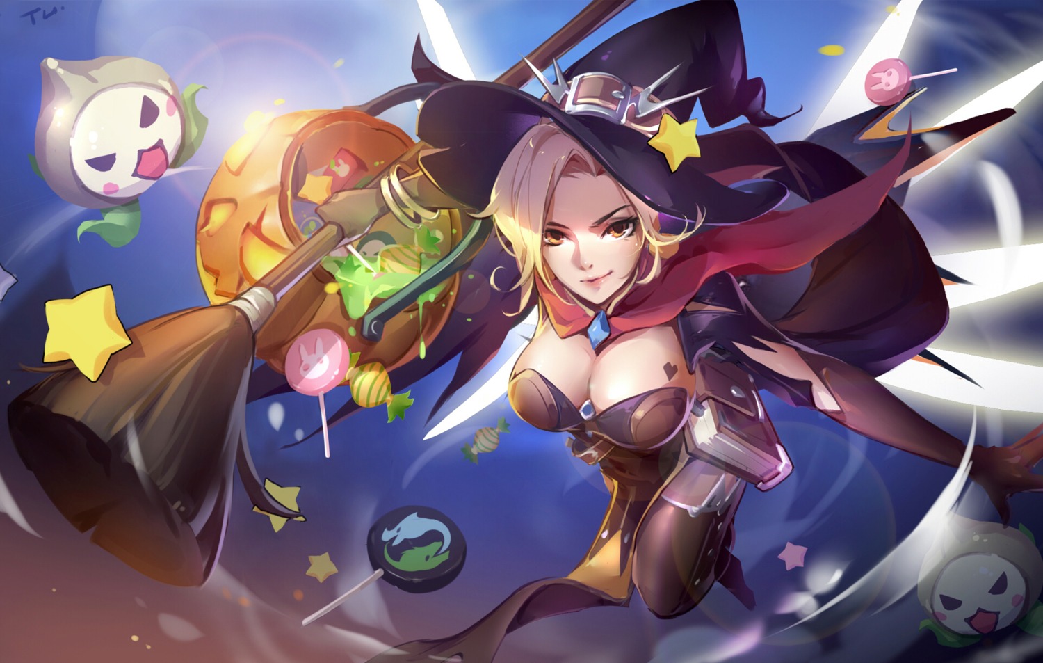 cleavage halloween mercy_(overwatch) overwatch thighhighs tracyton wings witch