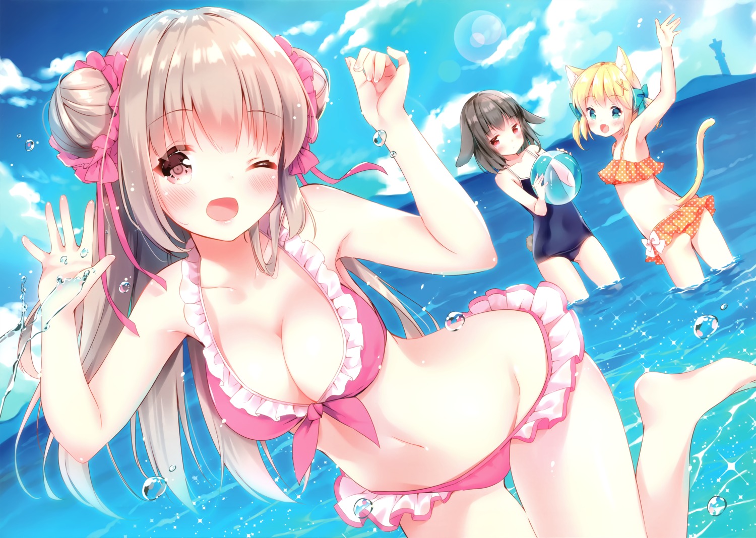 animal_ears bikini cleavage koiko_irori nekomimi swimsuits tail wet