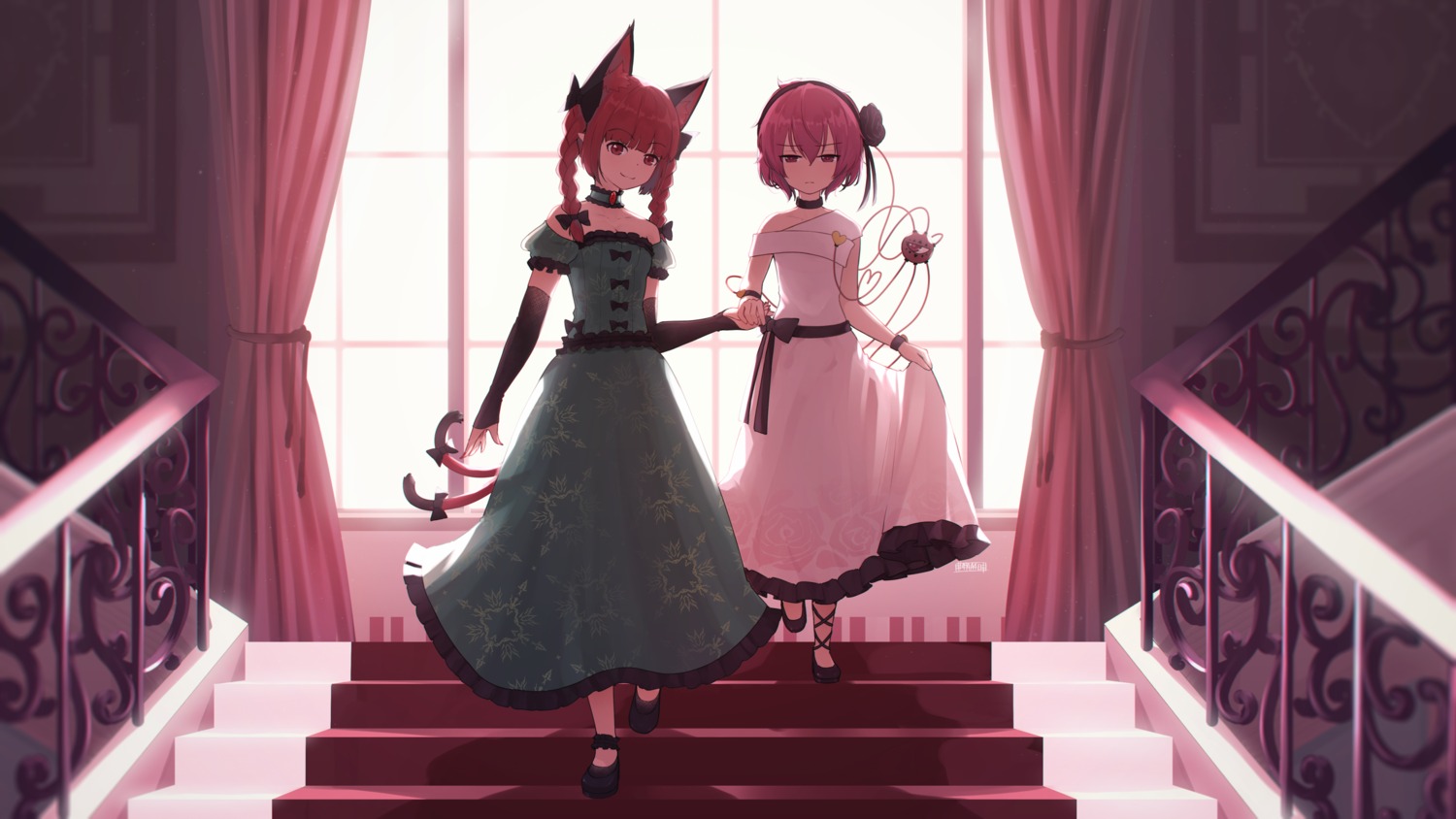 animal_ears dress kaenbyou_rin komeiji_satori nekomimi senzaicha_kasukadoki skirt_lift tail touhou wallpaper