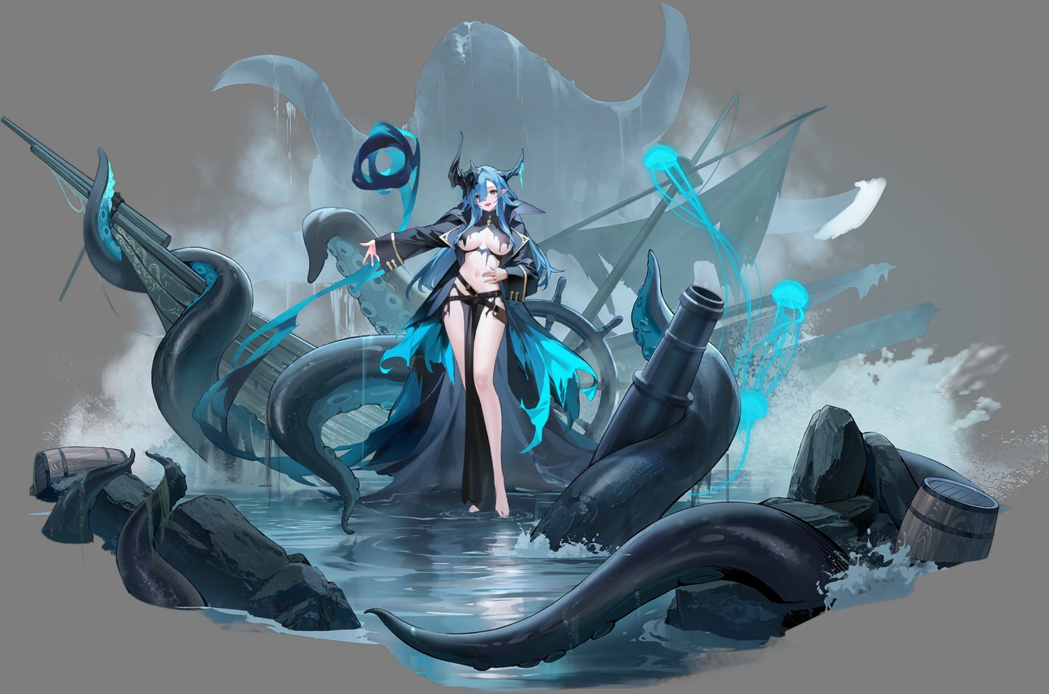 azur_lane horns mary_celeste_(azur_lane) no_bra pointy_ears tagme tentacles torn_clothes transparent_png