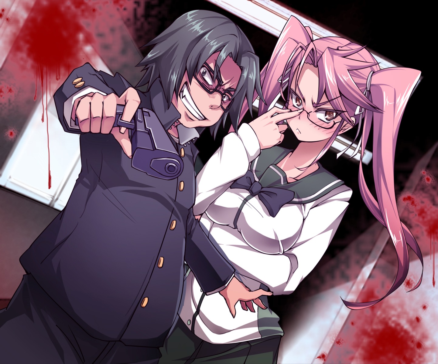 blood bon_(moegomi) breast_hold gun highschool_of_the_dead hirano_kohta megane seifuku takagi_saya