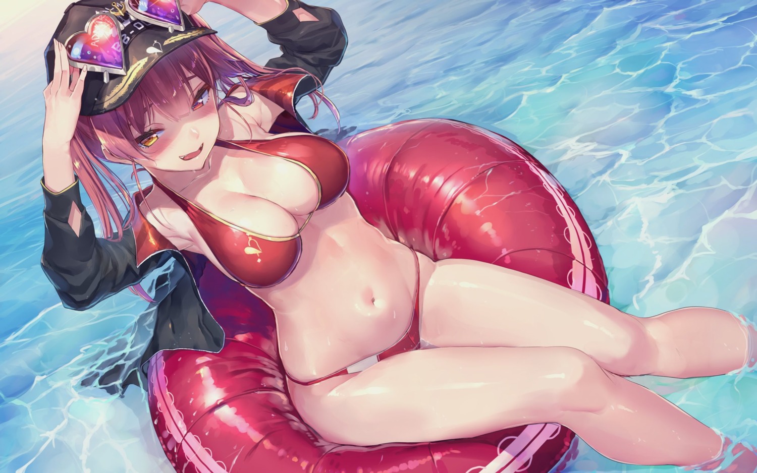 akasa_ai bikini cleavage heterochromia hololive houshou_marine megane open_shirt swimsuits wet