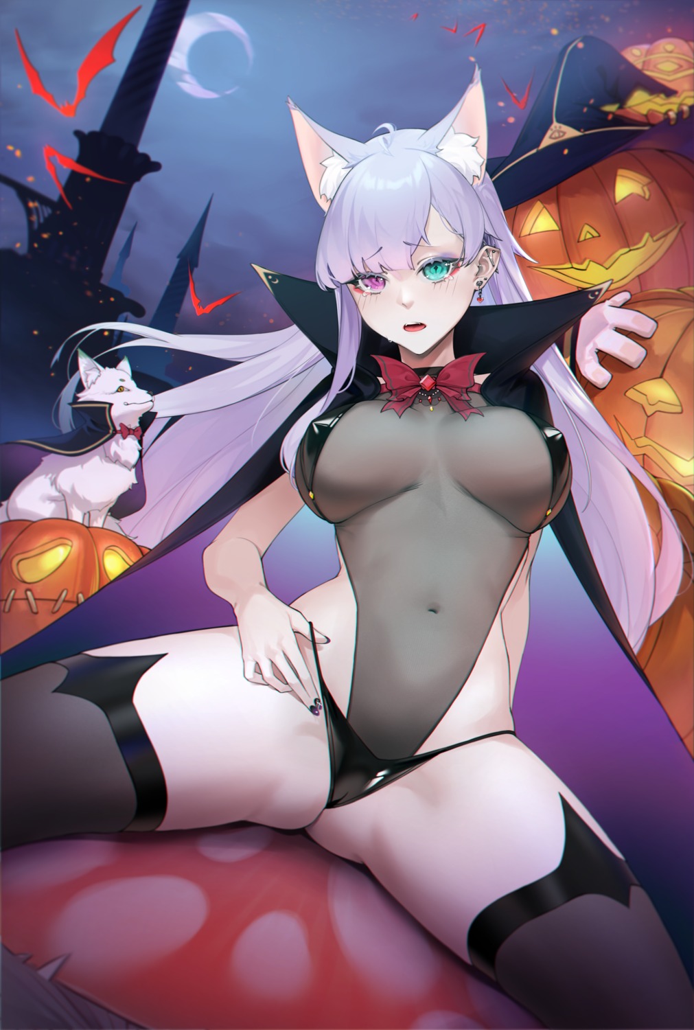 animal_ears cameltoe erect_nipples fei_mao halloween heterochromia leotard no_bra pantsu see_through thighhighs thong