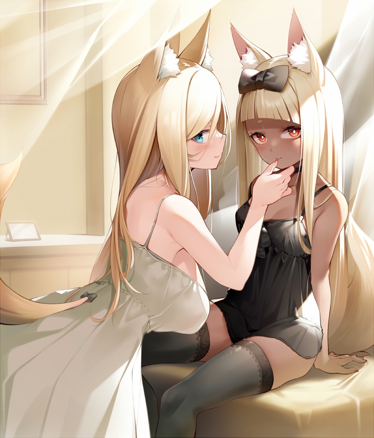 animal_ears cleavage dress kitsune nekomu no_bra tail thighhighs yuri