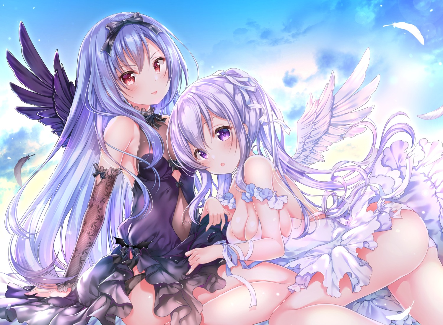 aoba_chise aoba_project aoba_rena ass cleavage dress no_bra pantsu sakura_moyon see_through skirt_lift thighhighs wings