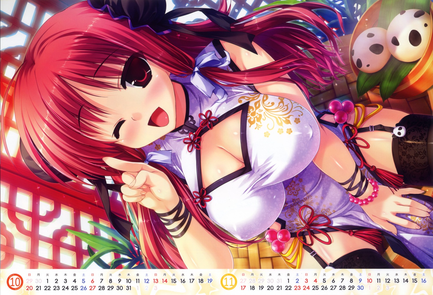 calendar chinadress cleavage clochette erect_nipples prism_recollection renjou_sayaka shintarou stockings thighhighs