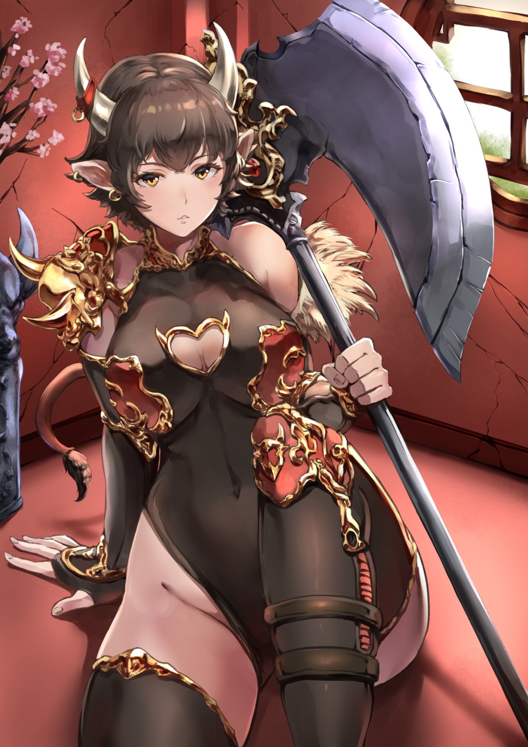 armor horns jojobirdz leotard no_bra pointy_ears thighhighs weapon