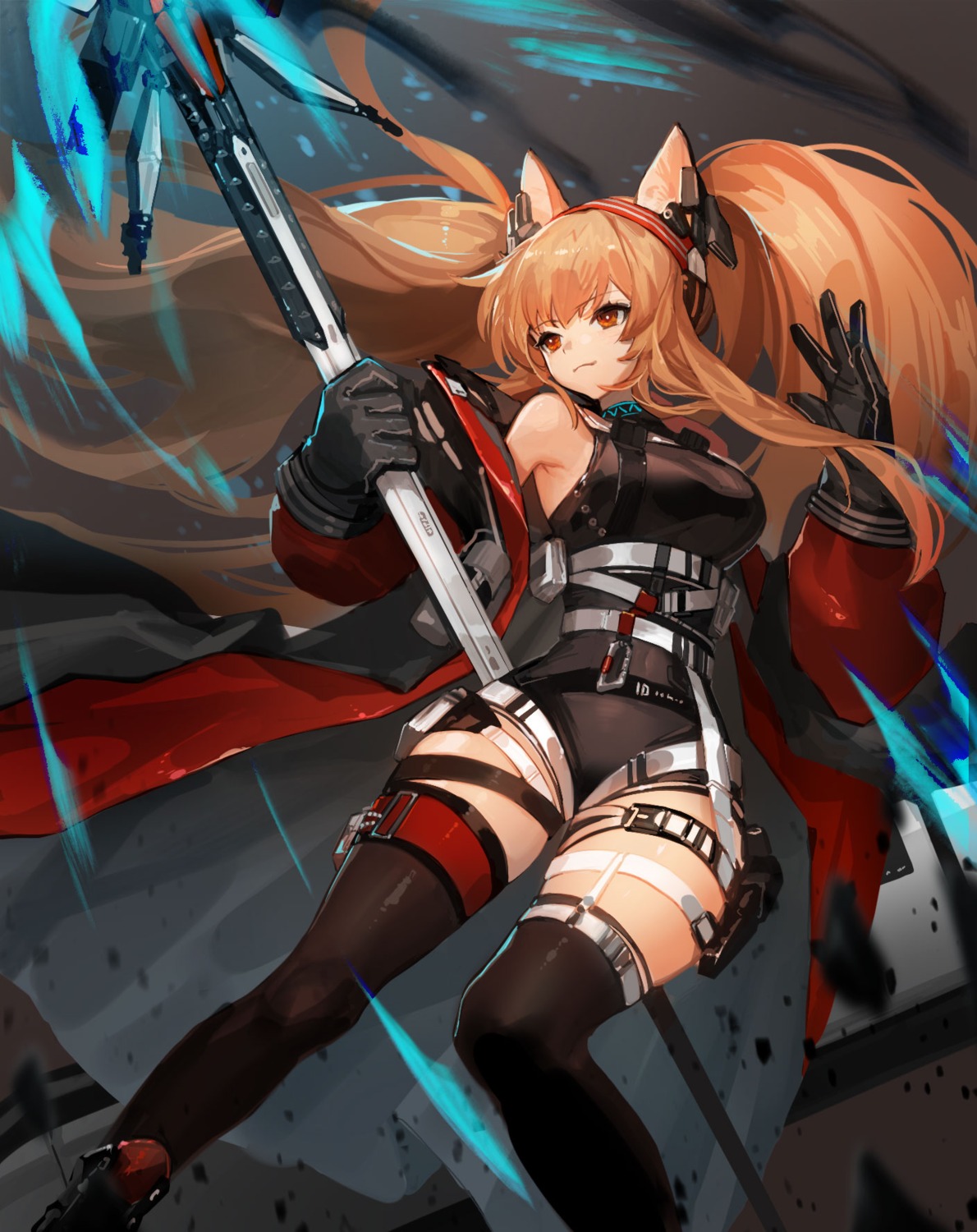 angelina_(arknights) animal_ears arknights garter nima_(niru54) stockings thighhighs weapon