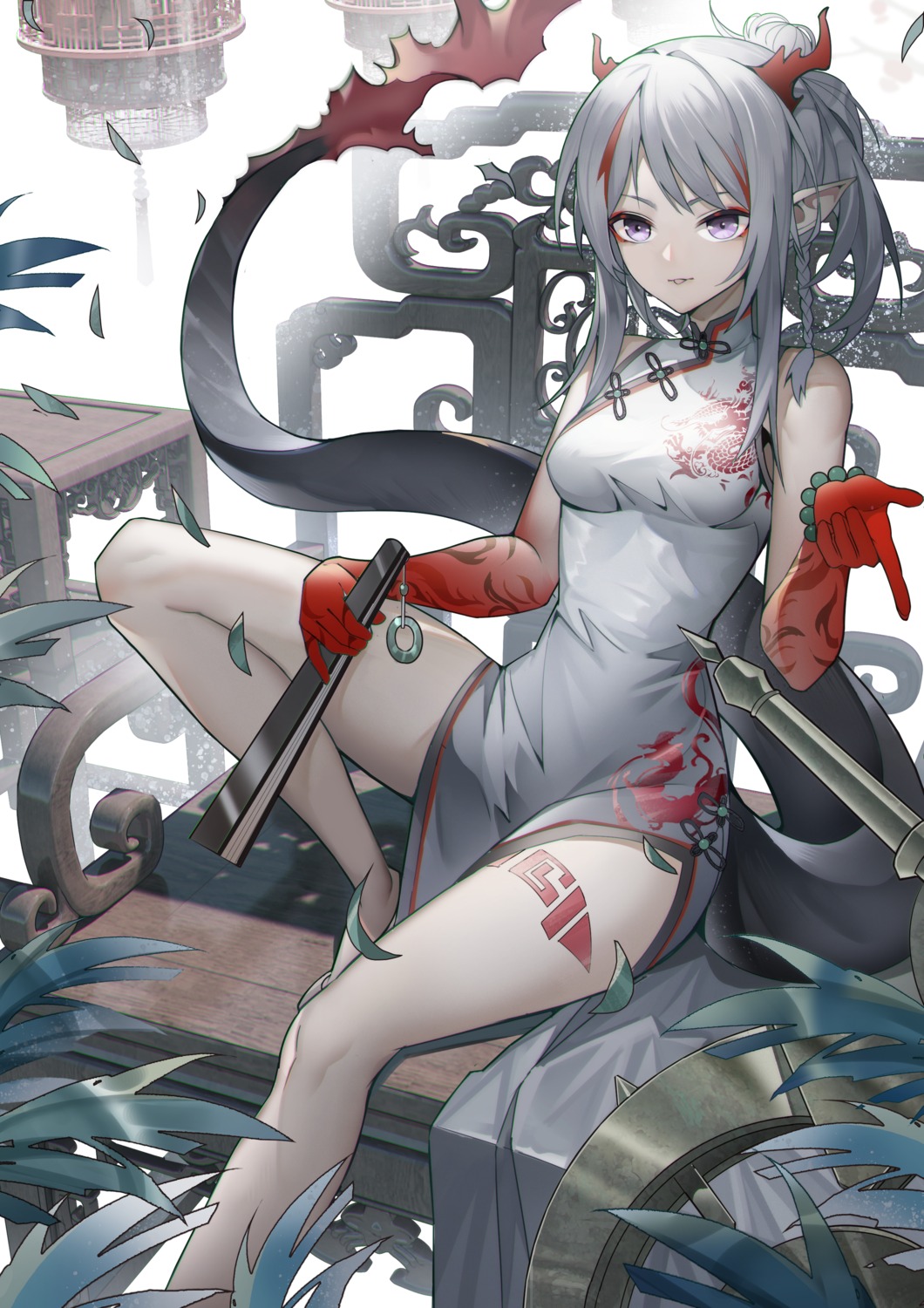arknights chinadress horns jinjide_shaonian nian_(arknights) pointy_ears tail tattoo