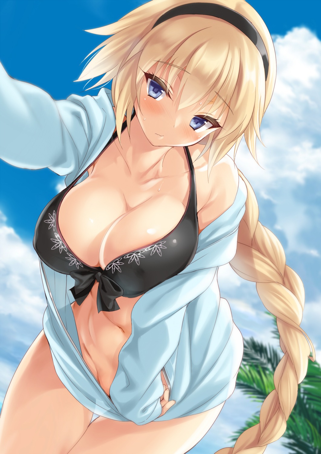 bikini_top bottomless cle_masahiro cleavage fate/grand_order jeanne_d'arc jeanne_d'arc_(fate) open_shirt see_through swimsuits